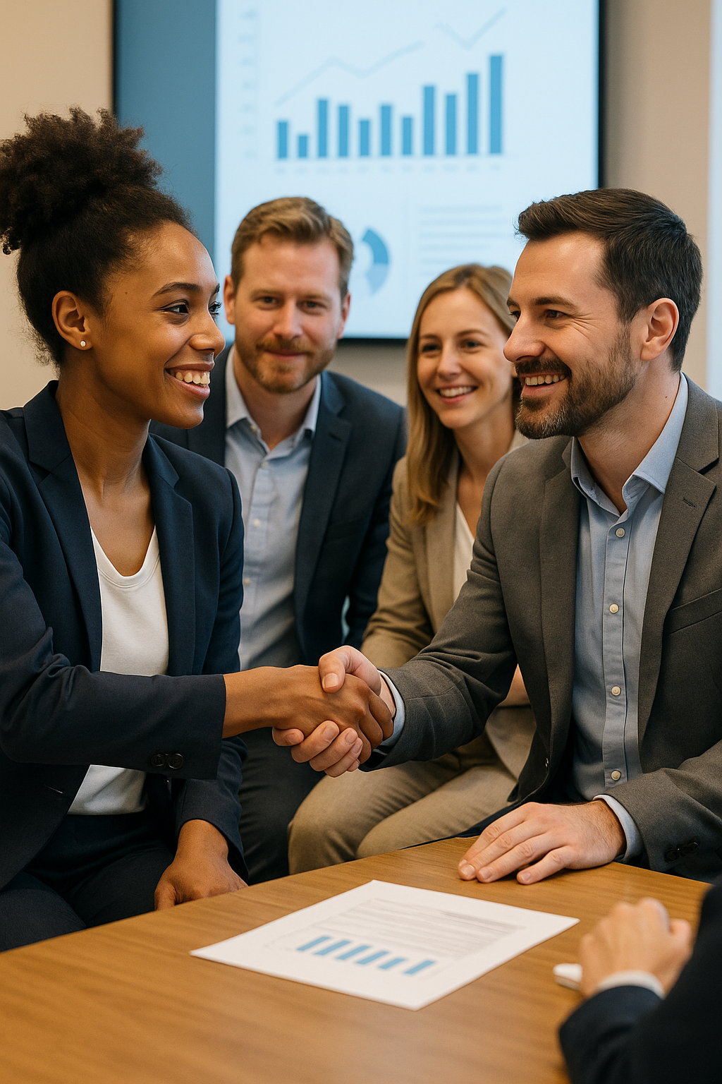Eine Gruppe von Menschen stand herum und schüttelte Hände.